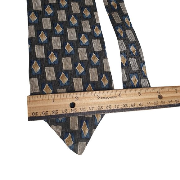 Vintage IV Front Geometric Pattern Imported Silk Tie Designer Olive Green Brown - Picture 3 of 6